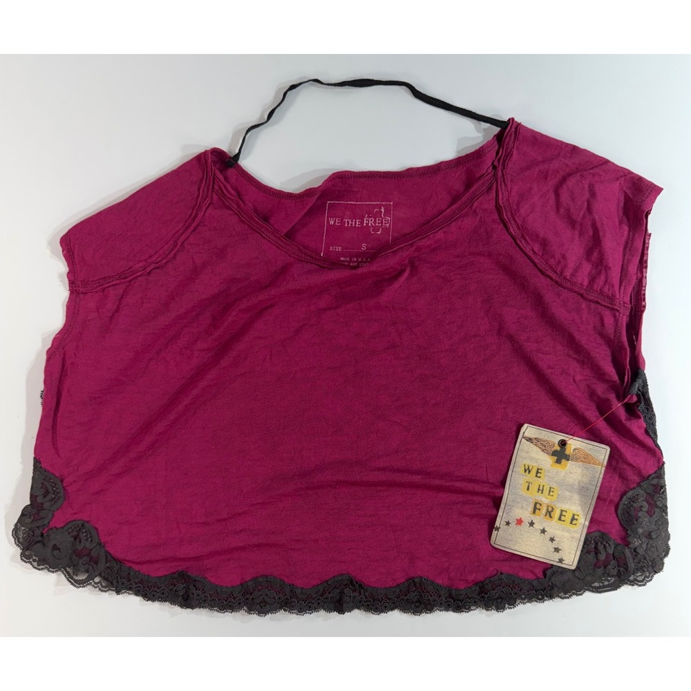 We The Free People Magenta Pink Lace Trim Crop Top Boho Sleeveless Tee Small NWT
